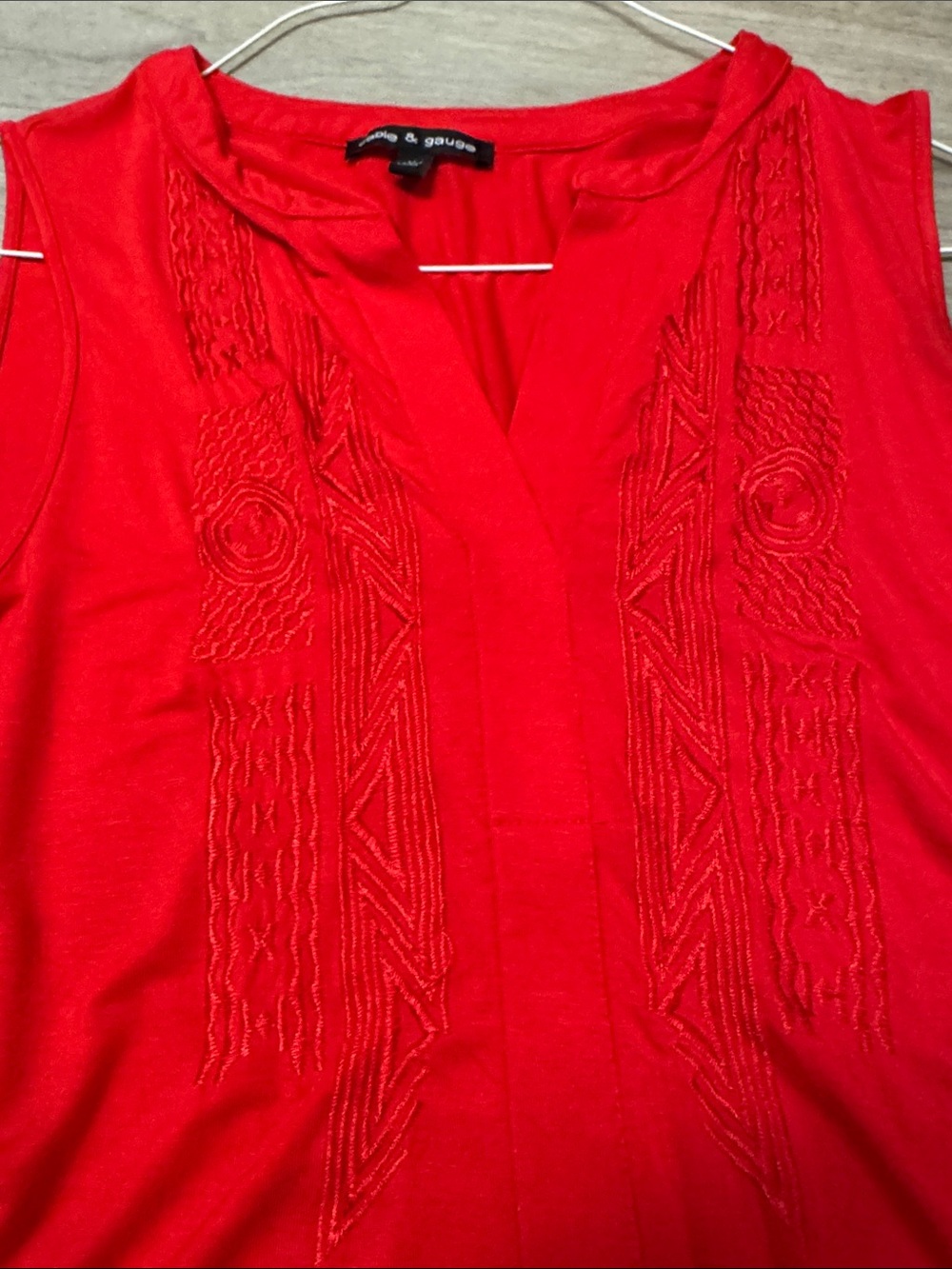 Cable & Gauge Red Sleeveless Embroidered V-Neck Tank - Picture 4 of 8